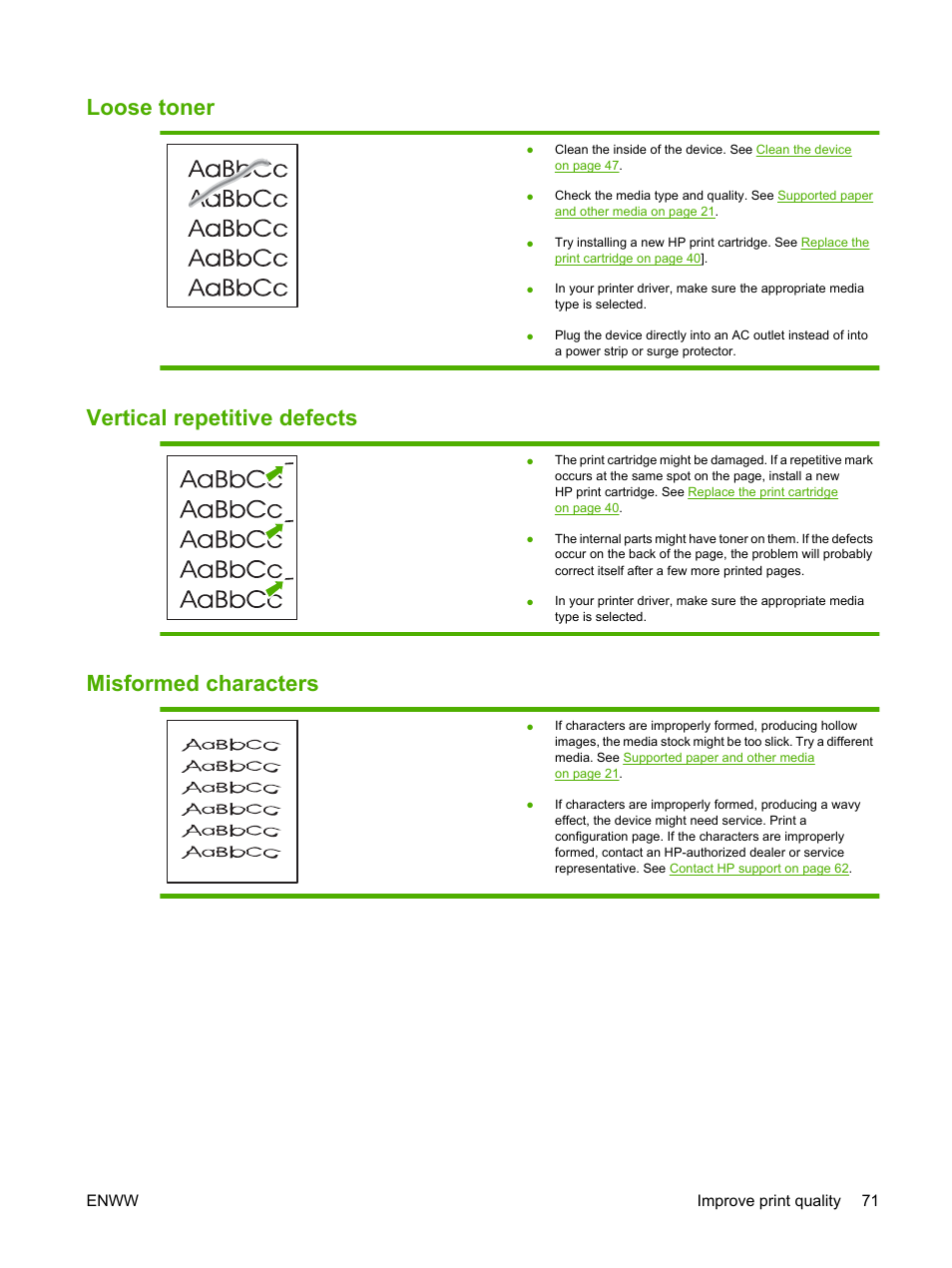 Loose toner, Vertical repetitive defects, Misformed characters | HP LaserJet P1007 Printer User Manual | Page 81 / 120
