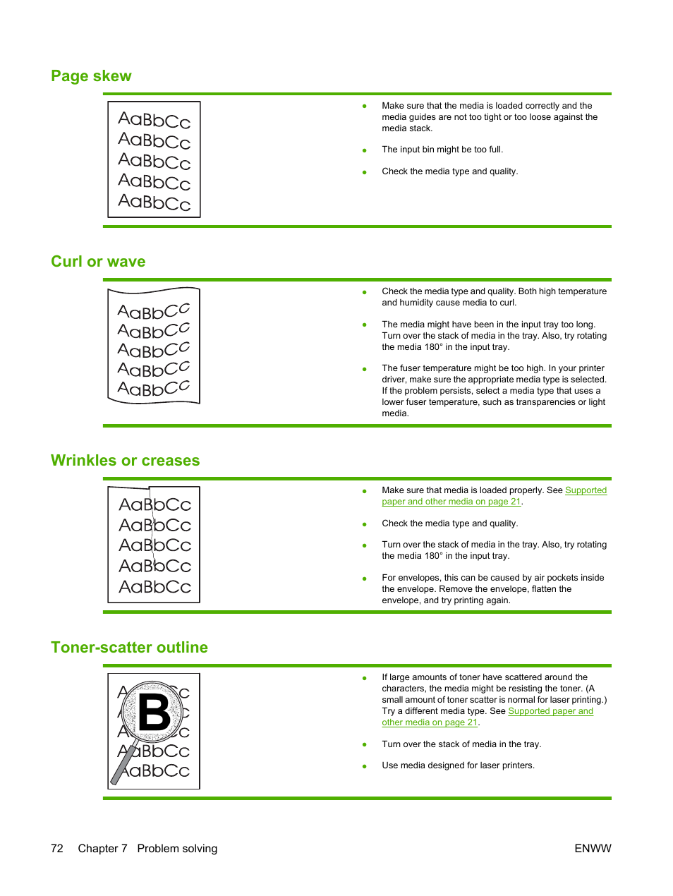Curl or wave, Wrinkles or creases, Toner-scatter outline | Wrinkles or creases toner-scatter outline, Page skew | HP LaserJet P1007 Printer User Manual | Page 82 / 120