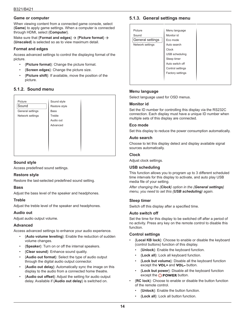 Sound menu, General settings menu, Sound menu 5.1.3. general settings menu | HP B321 31.5-inch LED Digital Signage Display User Manual | Page 22 / 29