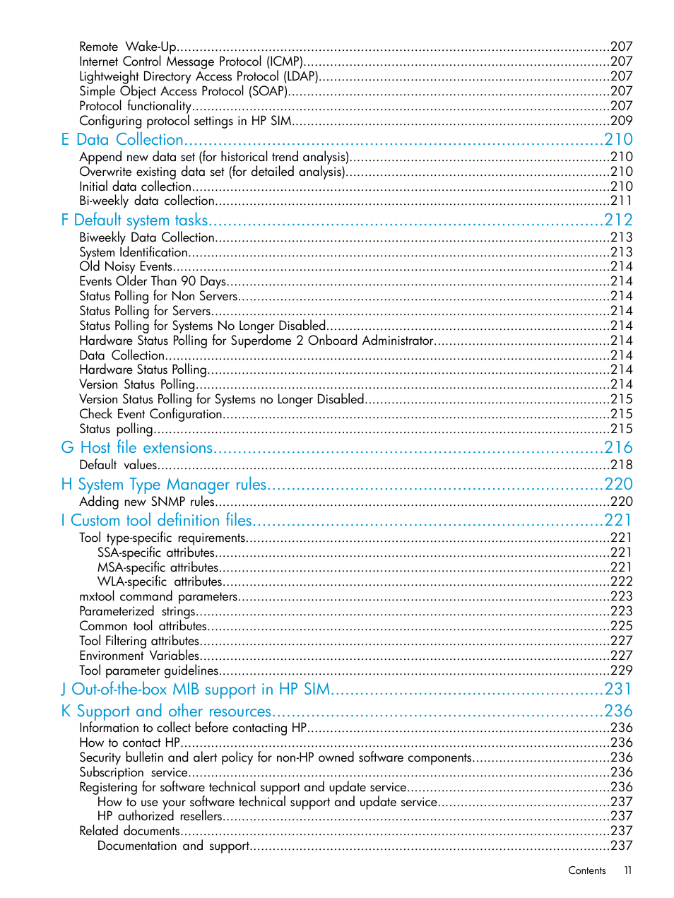 E data collection, F default system tasks, G host file extensions | H system type manager rules, I custom tool definition files | HP Systems Insight Manager User Manual | Page 11 / 256