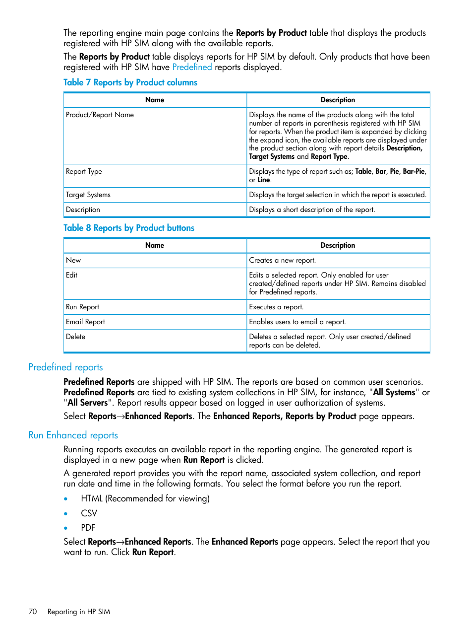 Predefined reports, Run enhanced reports, Predefined reports run enhanced reports | HP Systems Insight Manager User Manual | Page 70 / 256