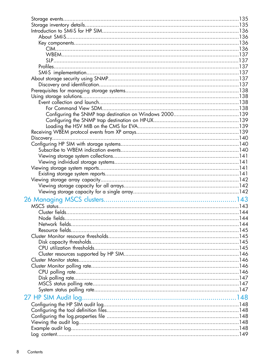 26 managing mscs clusters, 27 hp sim audit log | HP Systems Insight Manager User Manual | Page 8 / 256