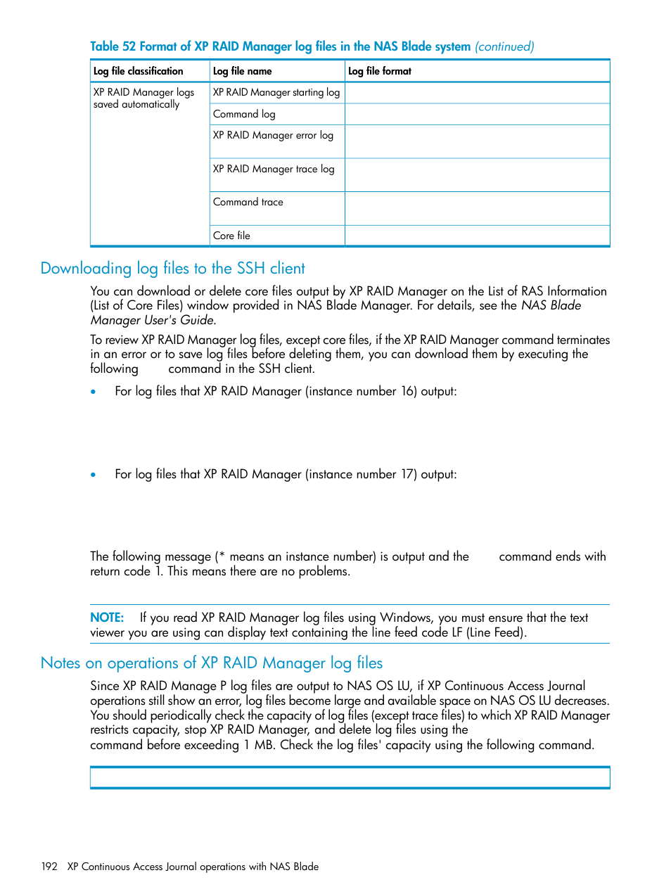 Downloading log files to the ssh client, Notes on operations of xp raid manager log files | HP XP Continuous Access Software User Manual | Page 192 / 215