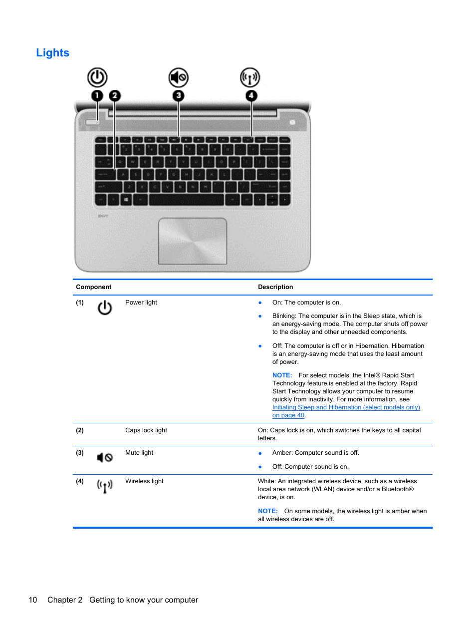 Lights, 10 chapter 2 getting to know your computer | HP ENVY TouchSmart 14-k120us Ultrabook User Manual | Page 20 / 82