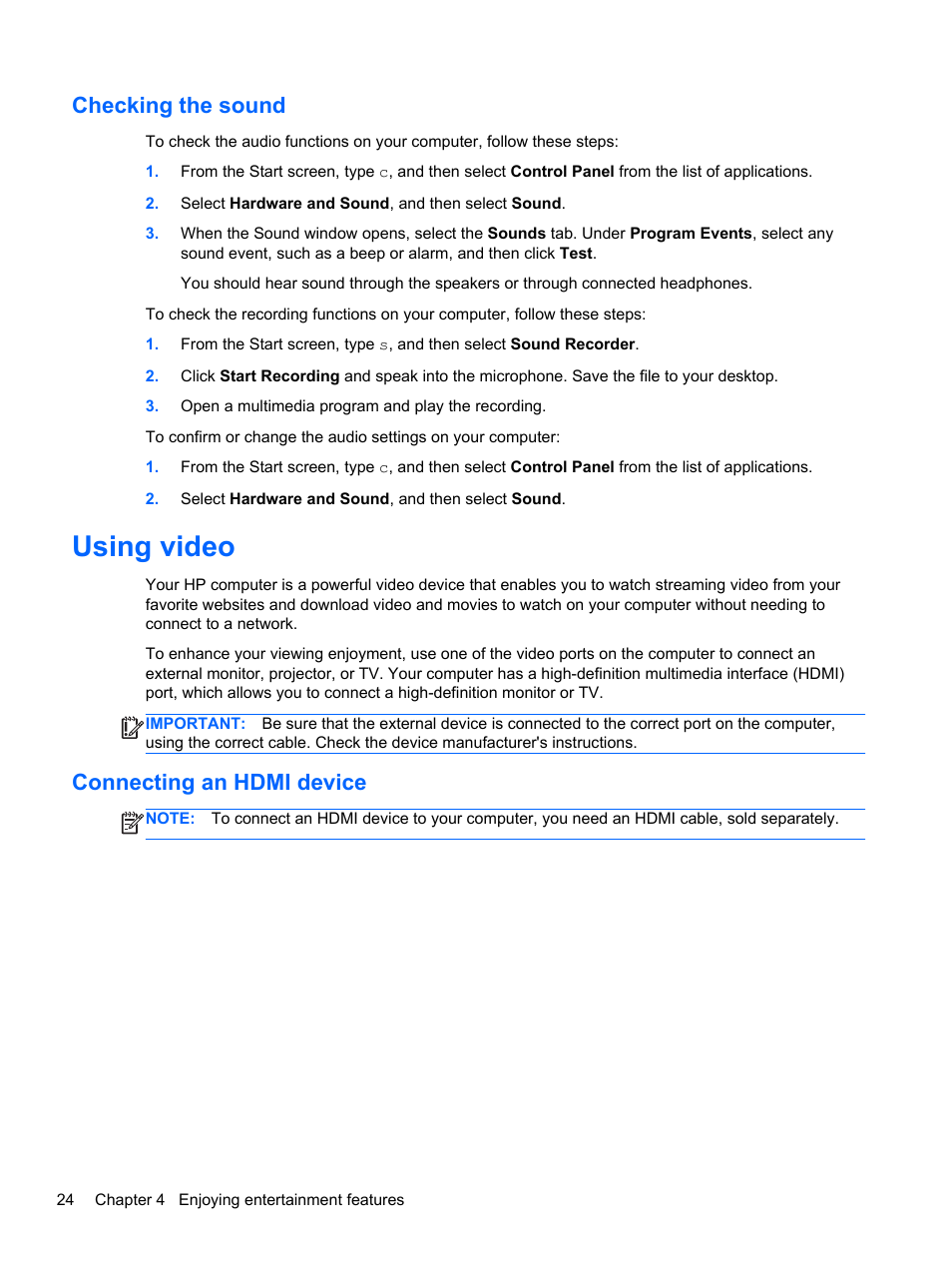 Checking the sound, Using video, Connecting an hdmi device | Connecting | HP ENVY TouchSmart 14-k120us Ultrabook User Manual | Page 34 / 82