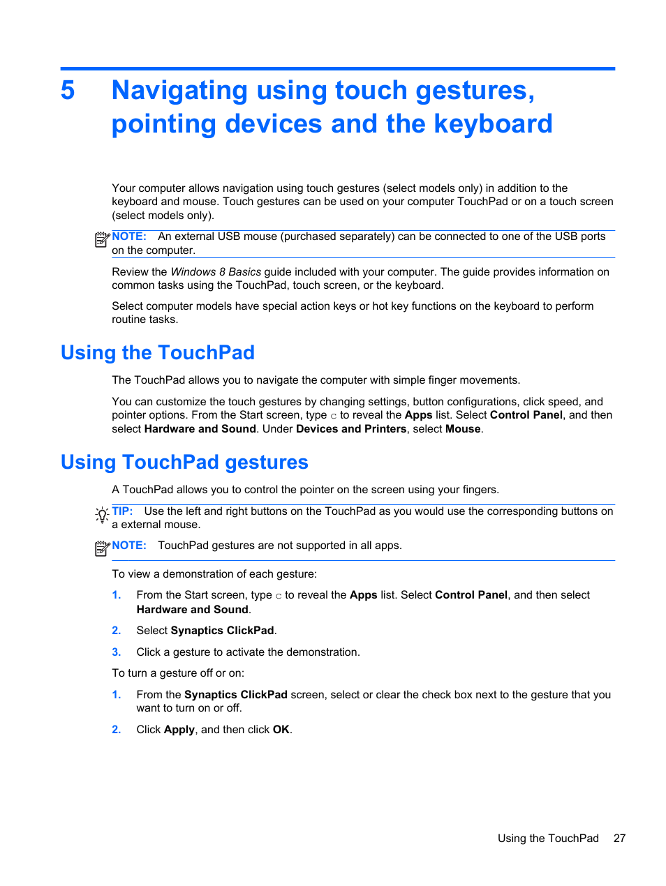 Using the touchpad, Using touchpad gestures, Using the touchpad using touchpad gestures | Text. see | HP ENVY TouchSmart 14-k120us Ultrabook User Manual | Page 37 / 82