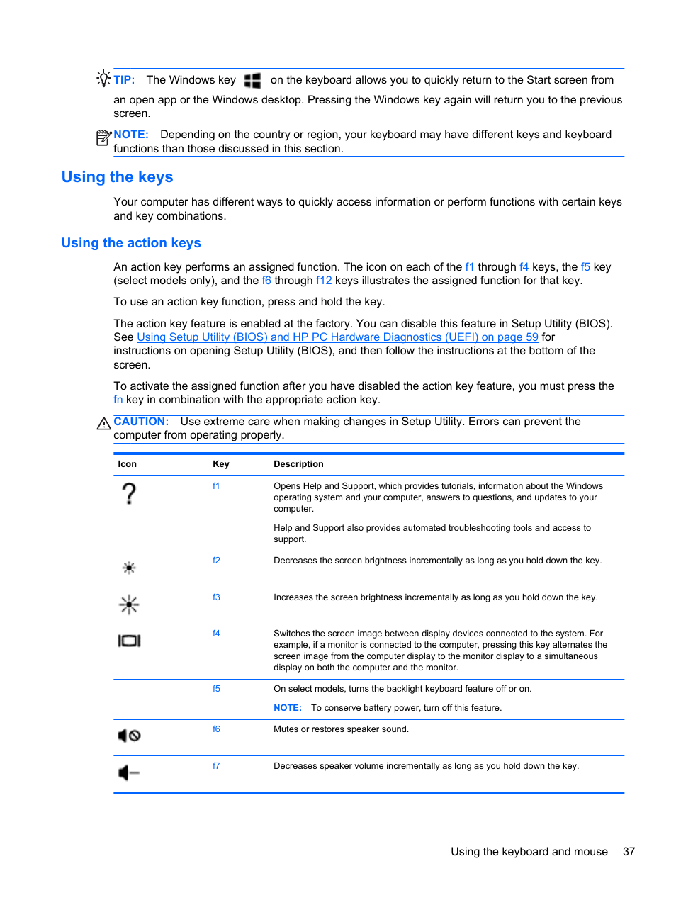 Using the keys, Using the action keys | HP ENVY TouchSmart 14-k120us Ultrabook User Manual | Page 47 / 82