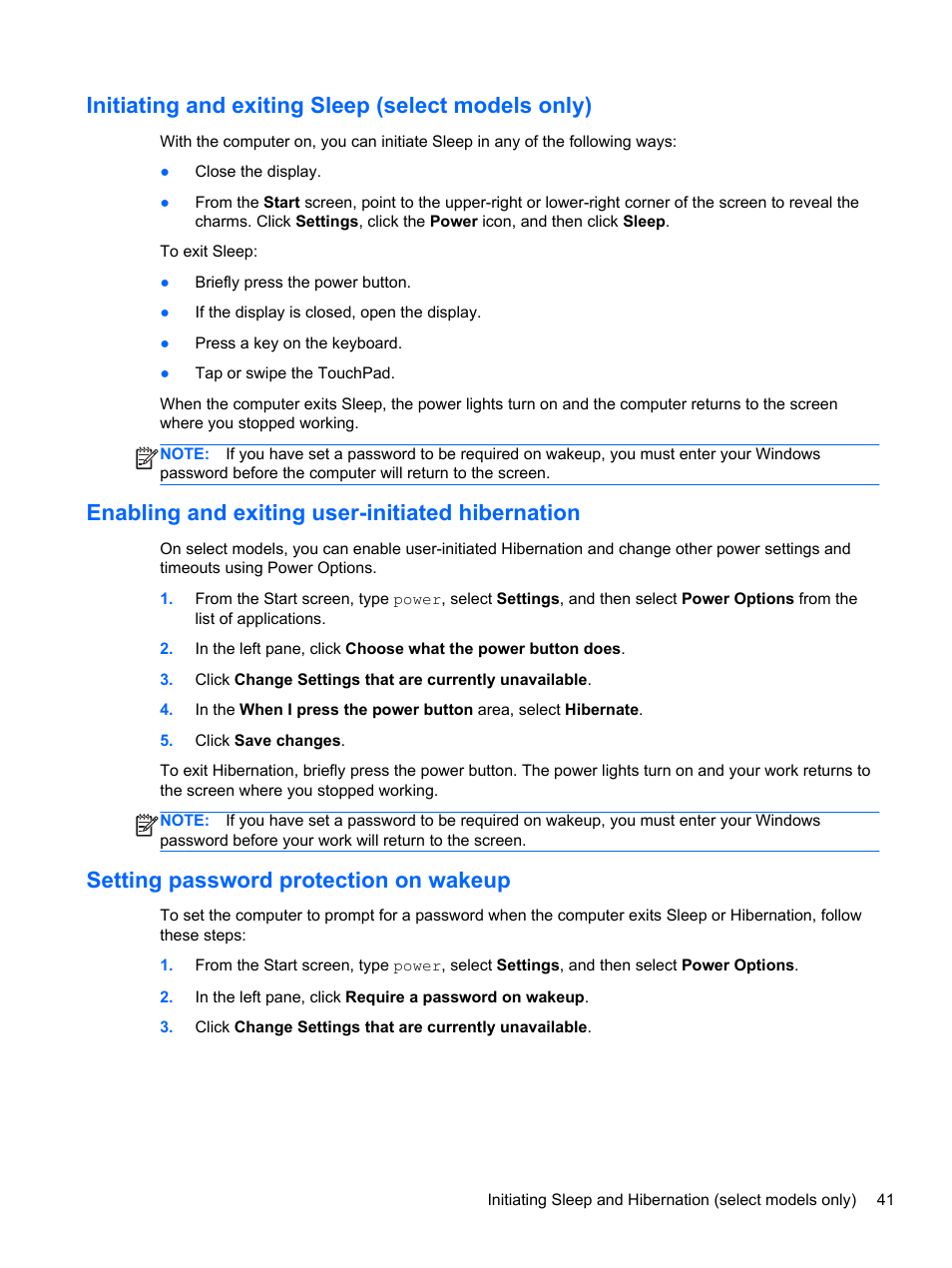 Initiating and exiting sleep (select models only), Enabling and exiting user-initiated hibernation, Setting password protection on wakeup | Initiating and, Enabling and exiting user-initiated | HP ENVY TouchSmart 14-k120us Ultrabook User Manual | Page 51 / 82