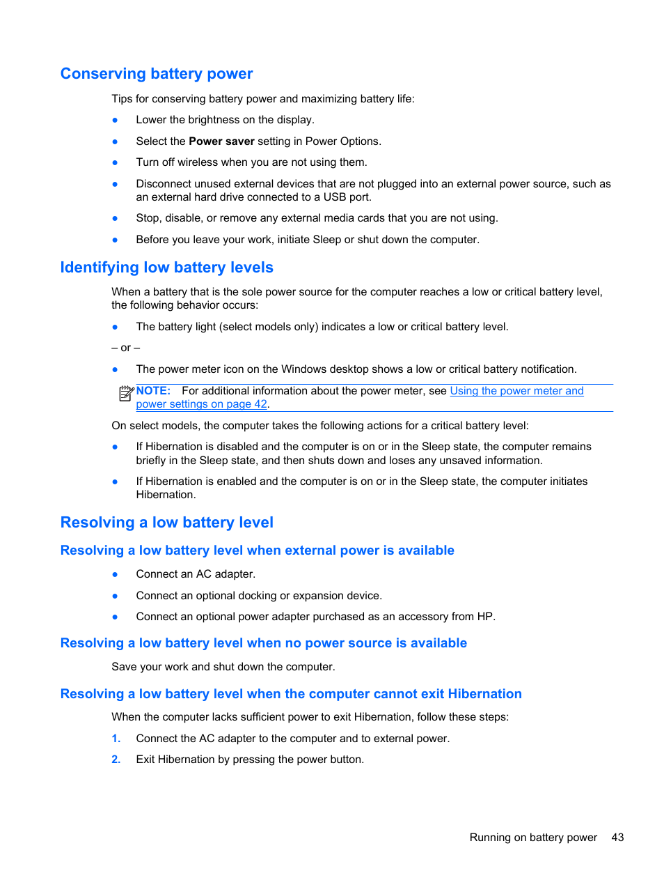 Conserving battery power, Identifying low battery levels, Resolving a low battery level | HP ENVY TouchSmart 14-k120us Ultrabook User Manual | Page 53 / 82