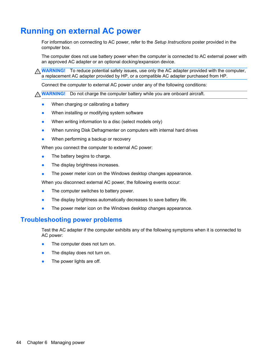Running on external ac power, Troubleshooting power problems | HP ENVY TouchSmart 14-k120us Ultrabook User Manual | Page 54 / 82