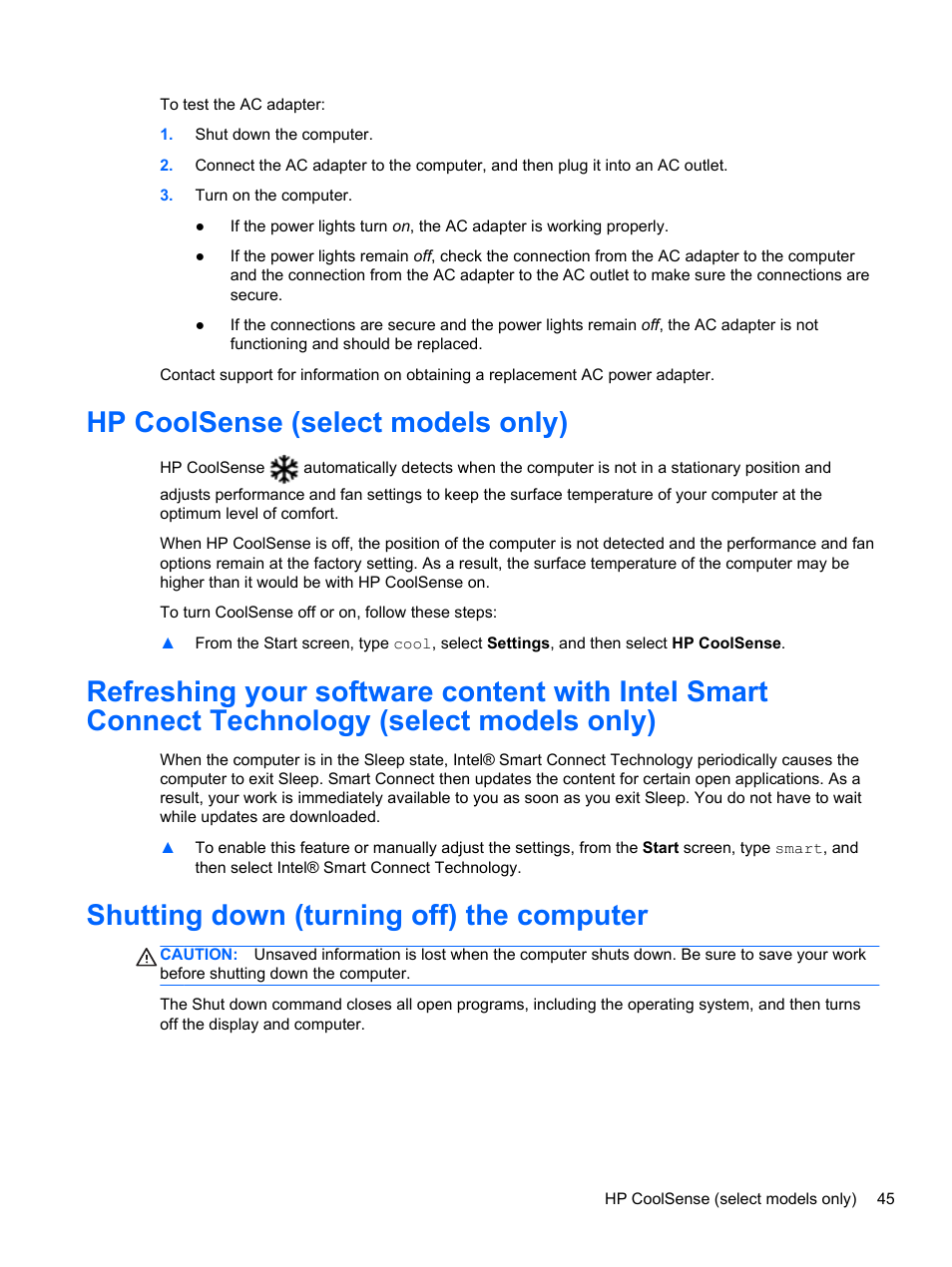 Hp coolsense (select models only), Shutting down (turning off) the computer | HP ENVY TouchSmart 14-k120us Ultrabook User Manual | Page 55 / 82