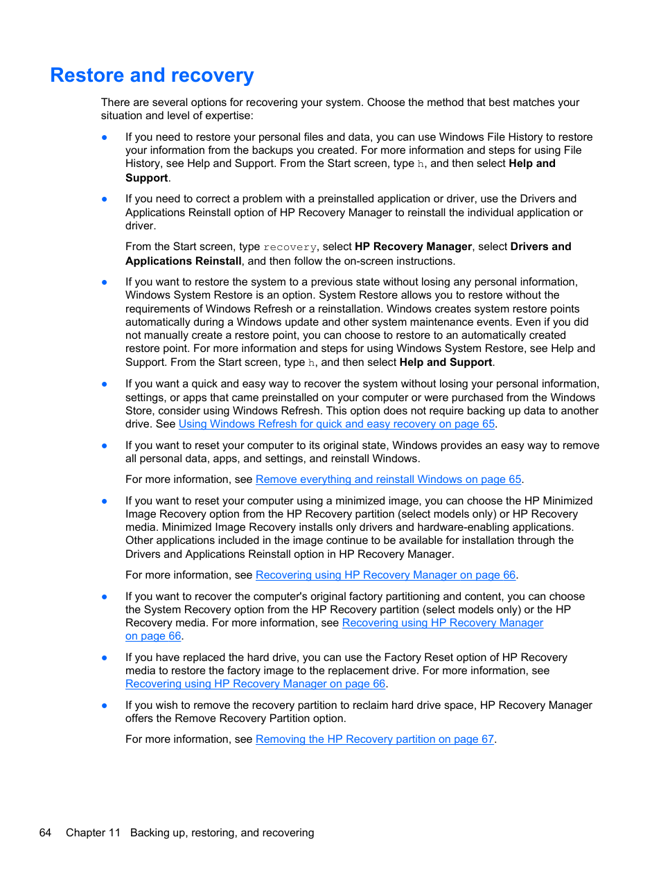 Restore and recovery | HP ENVY TouchSmart 14-k120us Ultrabook User Manual | Page 74 / 82