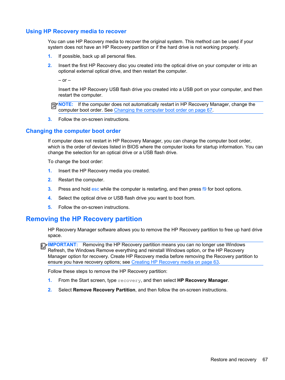 Using hp recovery media to recover, Changing the computer boot order, Removing the hp recovery partition | HP ENVY TouchSmart 14-k120us Ultrabook User Manual | Page 77 / 82