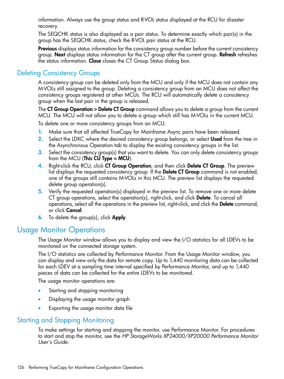 Deleting consistency groups, Usage monitor operations, Starting and stopping monitoring | HP StorageWorks XP Remote Web Console Software User Manual | Page 126 / 263