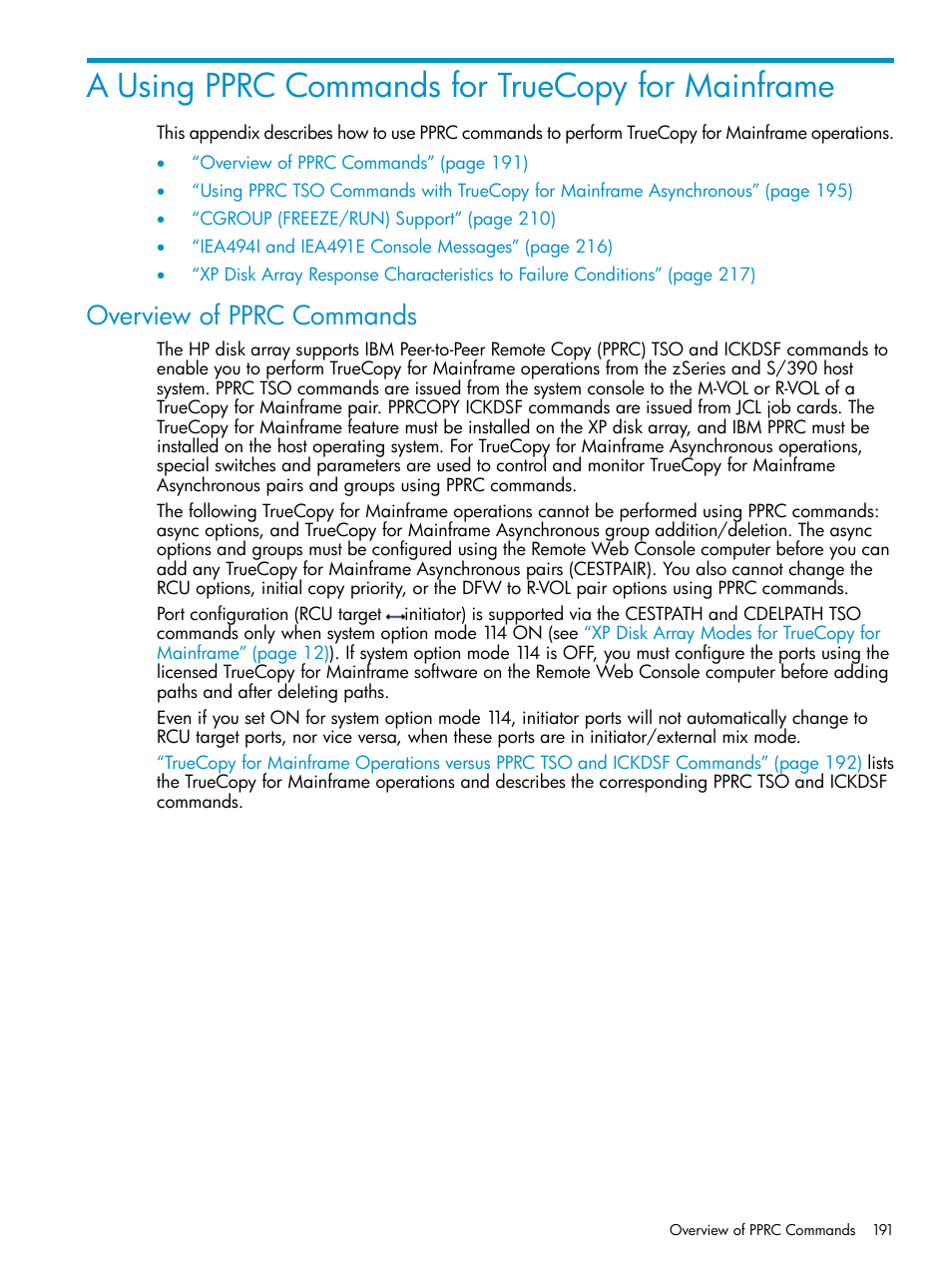 A using pprc commands for truecopy for mainframe, Overview of pprc commands, Using pprc commands for truecopy for mainframe | Using | HP StorageWorks XP Remote Web Console Software User Manual | Page 191 / 263