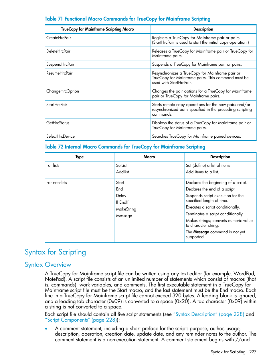Syntax for scripting, Syntax overview, Internal macro commands for truecopy for mainframe | HP StorageWorks XP Remote Web Console Software User Manual | Page 227 / 263