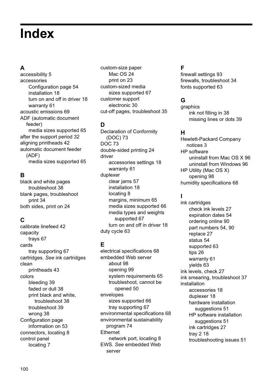 Index | HP Officejet Pro 8000 - A811 User Manual | Page 104 / 110