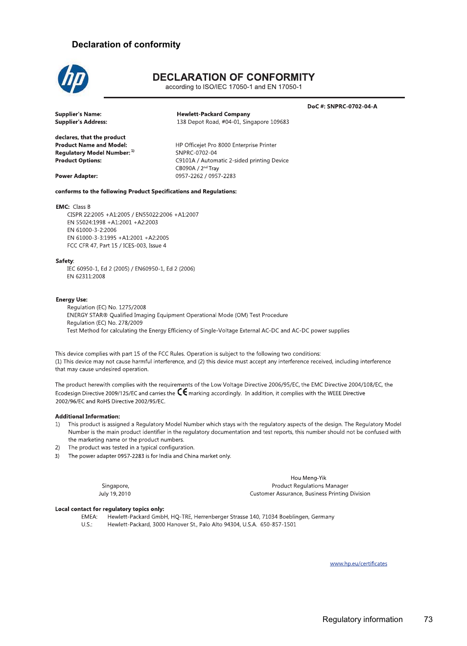 Declaration of conformity | HP Officejet Pro 8000 - A811 User Manual | Page 77 / 110