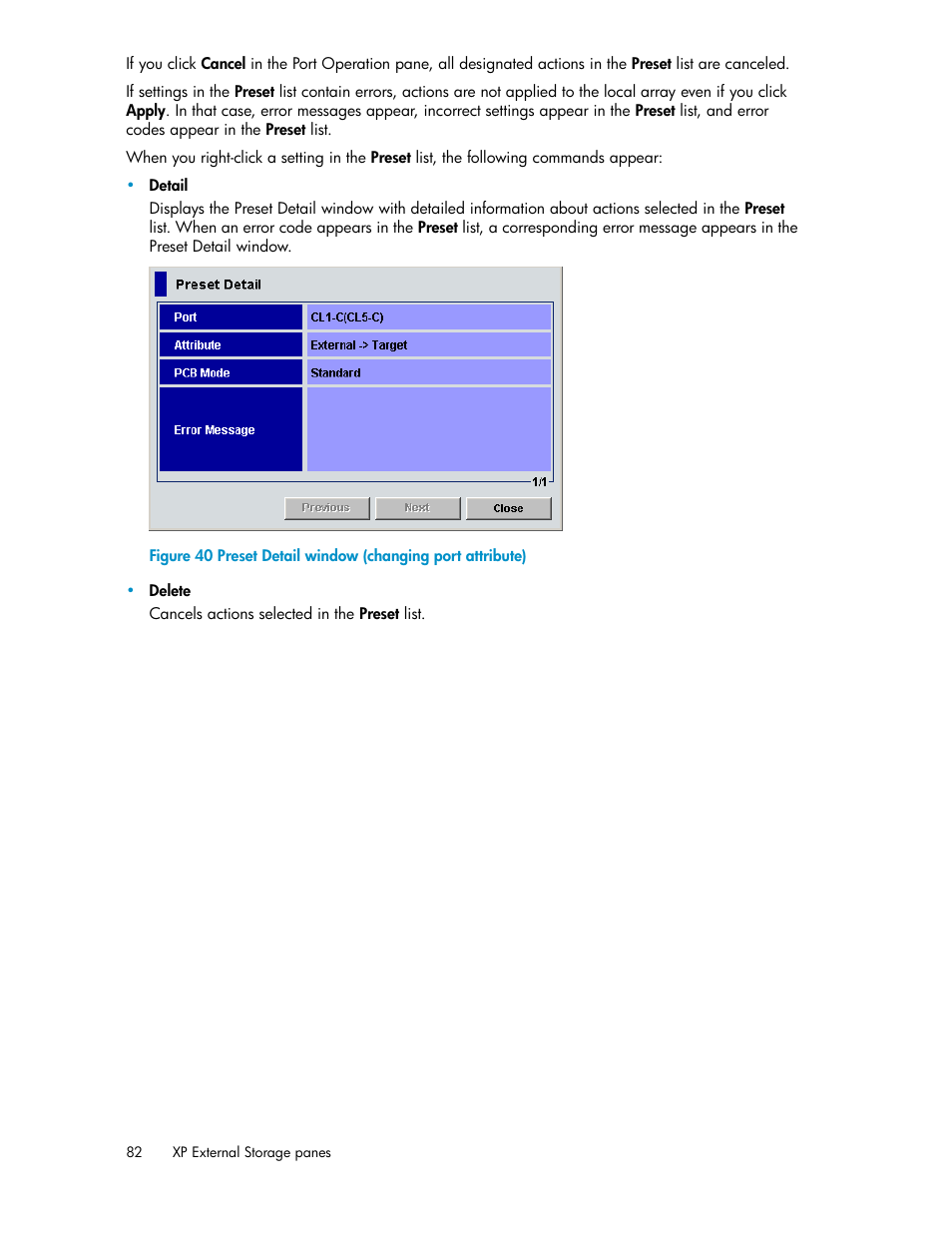 Preset detail window (changing port attribute) | HP StorageWorks XP Remote Web Console Software User Manual | Page 82 / 192
