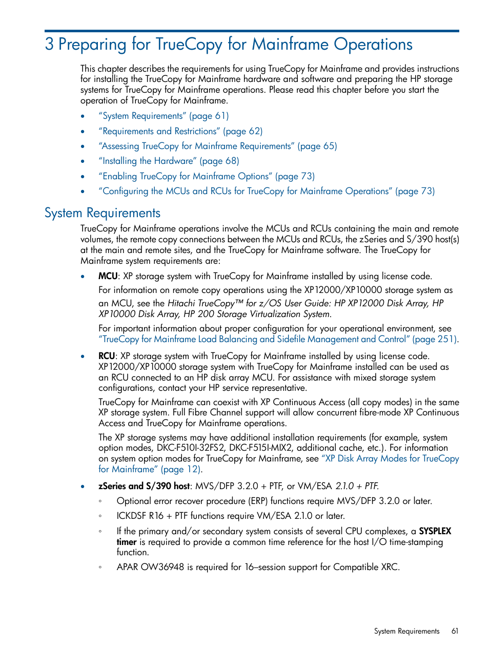 3 preparing for truecopy for mainframe operations, System requirements | HP StorageWorks XP Remote Web Console Software User Manual | Page 61 / 258