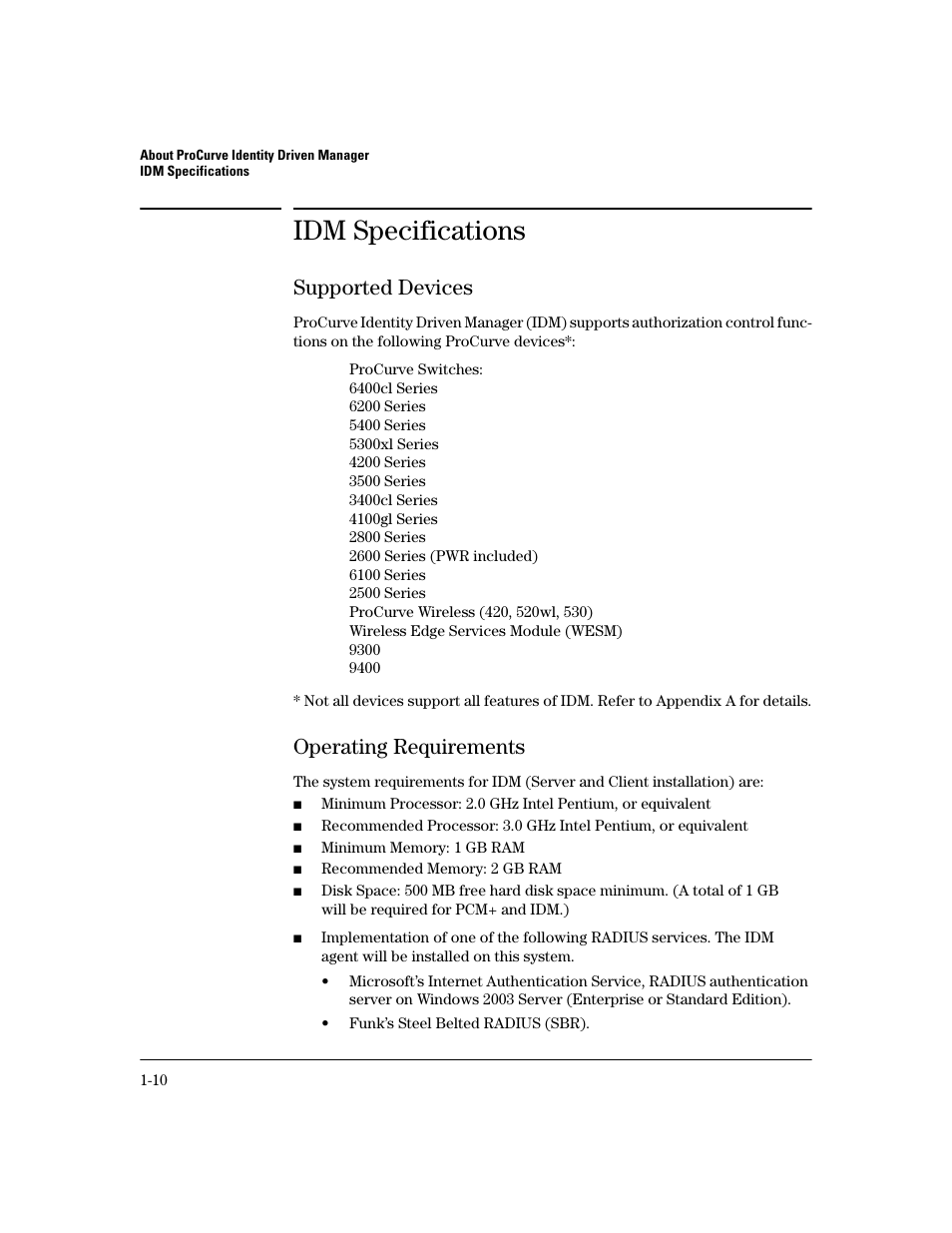 Idm specifications, Supported devices, Operating requirements | Supported devices -10, Operating requirements -10 | HP Identity Driven Manager Software Series User Manual | Page 16 / 194