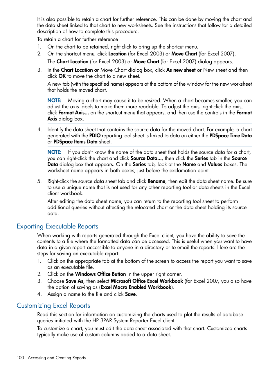 Exporting executable reports, Customizing excel reports | HP 3PAR System Reporter Software User Manual | Page 100 / 224