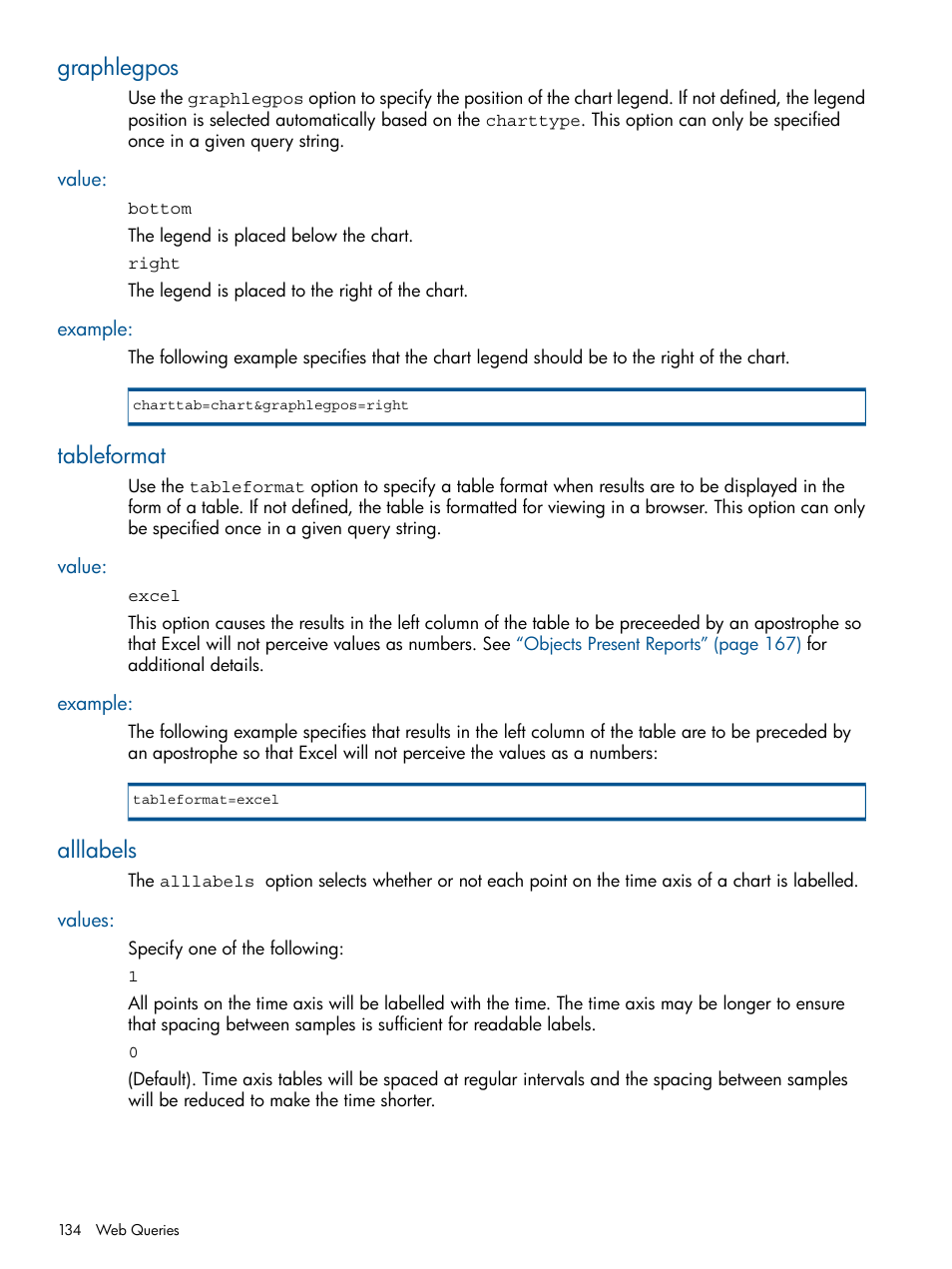 Graphlegpos, Value, Example | Tableformat, Alllabels, Values, Value: example | HP 3PAR System Reporter Software User Manual | Page 134 / 224