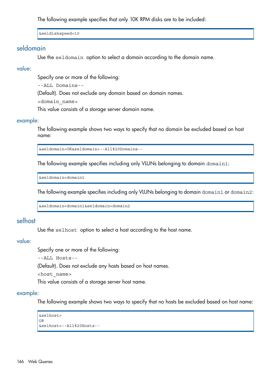 Seldomain, Value, Example | Selhost, Value: example | HP 3PAR System Reporter Software User Manual | Page 146 / 224