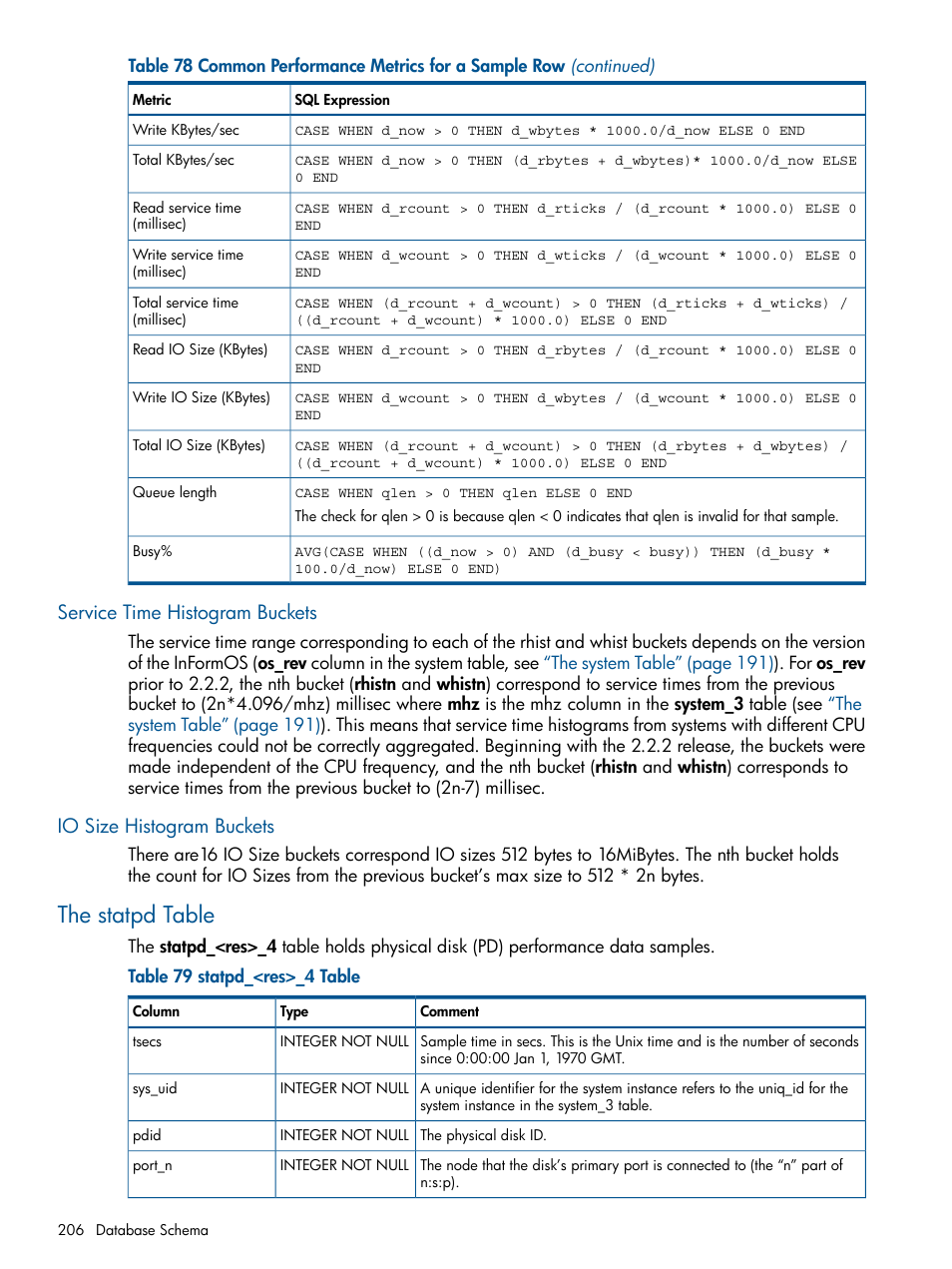 Service time histogram buckets, Io size histogram buckets, The statpd table | HP 3PAR System Reporter Software User Manual | Page 206 / 224