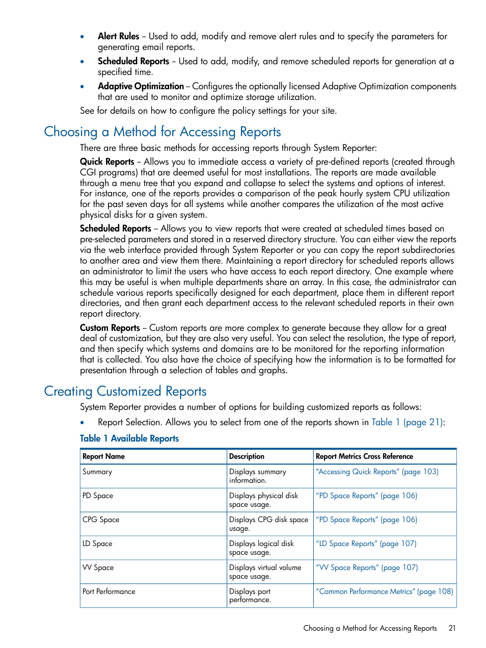 Choosing a method for accessing reports, Creating customized reports | HP 3PAR System Reporter Software User Manual | Page 21 / 224