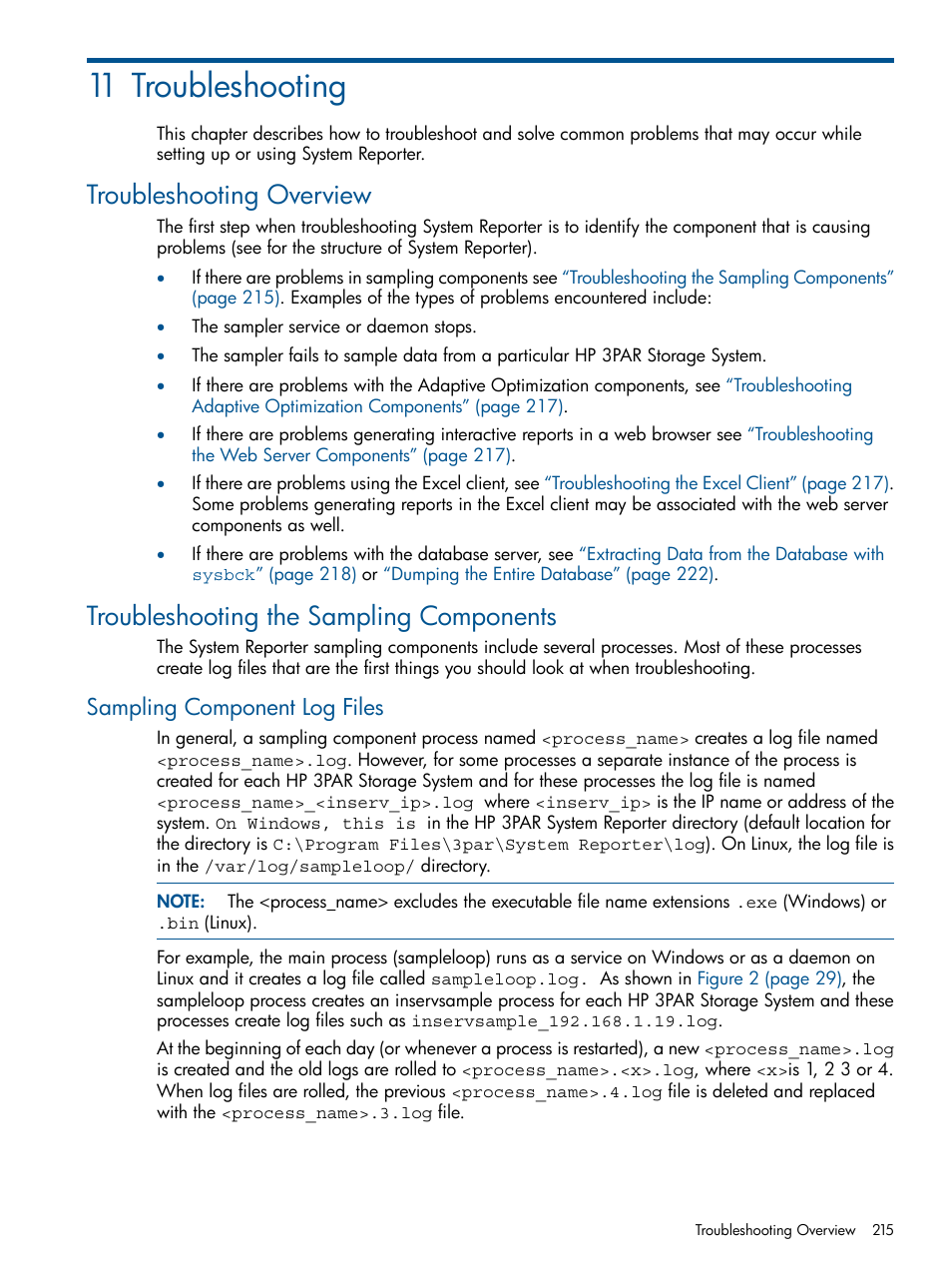 11 troubleshooting, Troubleshooting overview, Troubleshooting the sampling components | Sampling component log files, Troubleshooting the | HP 3PAR System Reporter Software User Manual | Page 215 / 224