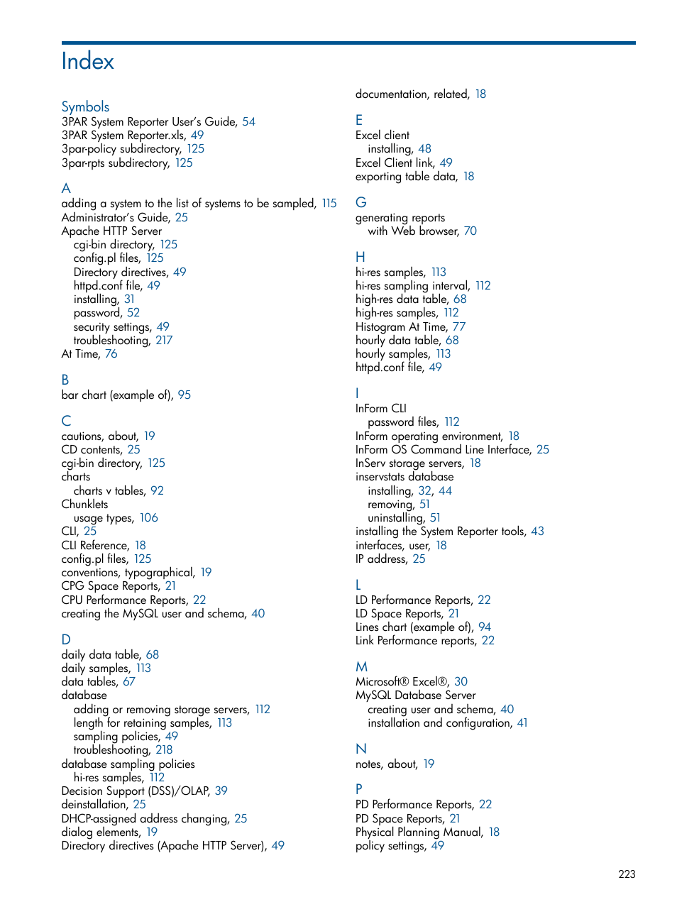 Index | HP 3PAR System Reporter Software User Manual | Page 223 / 224