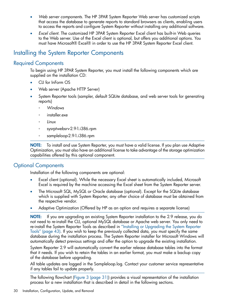 Installing the system reporter components, Required components, Optional components | Required components optional components | HP 3PAR System Reporter Software User Manual | Page 30 / 224