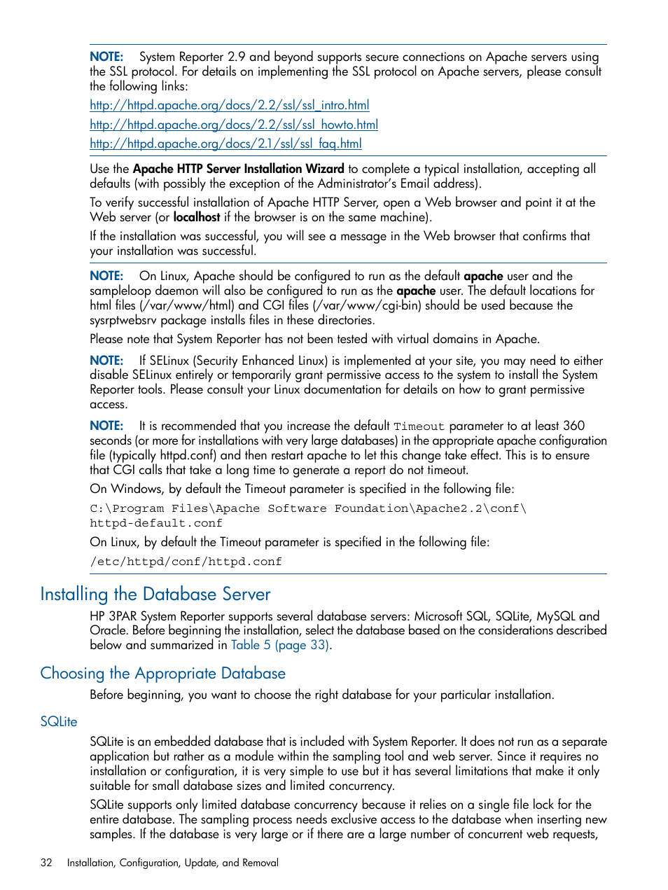 Installing the database server, Choosing the appropriate database, Sqlite | HP 3PAR System Reporter Software User Manual | Page 32 / 224