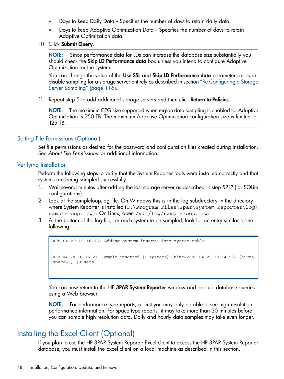 Setting file permissions (optional), Verifying installation, Installing the excel client (optional) | HP 3PAR System Reporter Software User Manual | Page 48 / 224