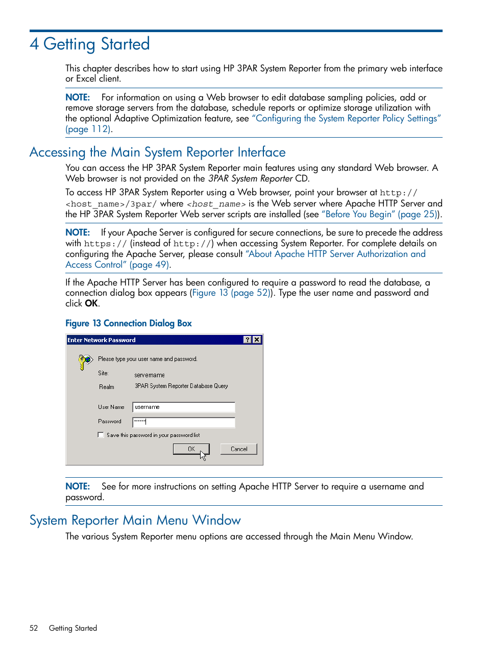 4 getting started, Accessing the main system reporter interface, System reporter main menu window | HP 3PAR System Reporter Software User Manual | Page 52 / 224