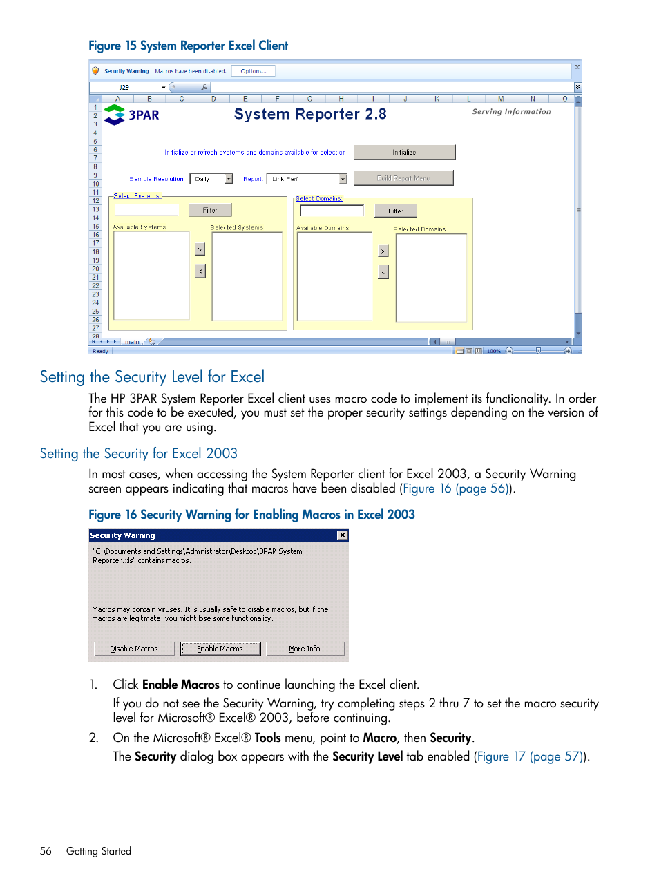 Setting the security level for excel, Setting the security for excel 2003, System reporter excel | HP 3PAR System Reporter Software User Manual | Page 56 / 224