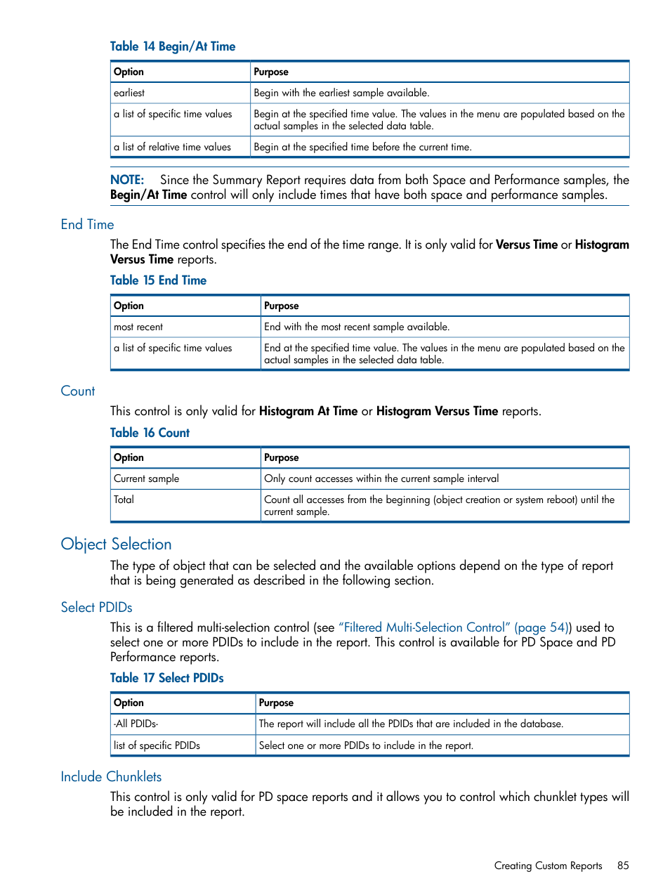 End time, Count, Object selection | Select pdids, Include chunklets, End time count, Select pdids include chunklets, Object | HP 3PAR System Reporter Software User Manual | Page 85 / 224