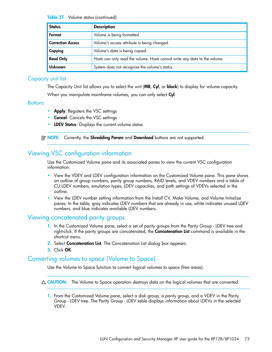 Capacity unit list, Buttons, Viewing vsc configuration information | Viewing concatenated parity groups, Converting volumes to space (volume to space) | HP StorageWorks XP Remote Web Console Software User Manual | Page 73 / 98