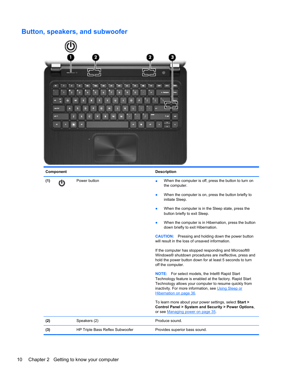 Button, speakers, and subwoofer, 10 chapter 2 getting to know your computer | HP ENVY Sleekbook 6-1040ca User Manual | Page 20 / 88