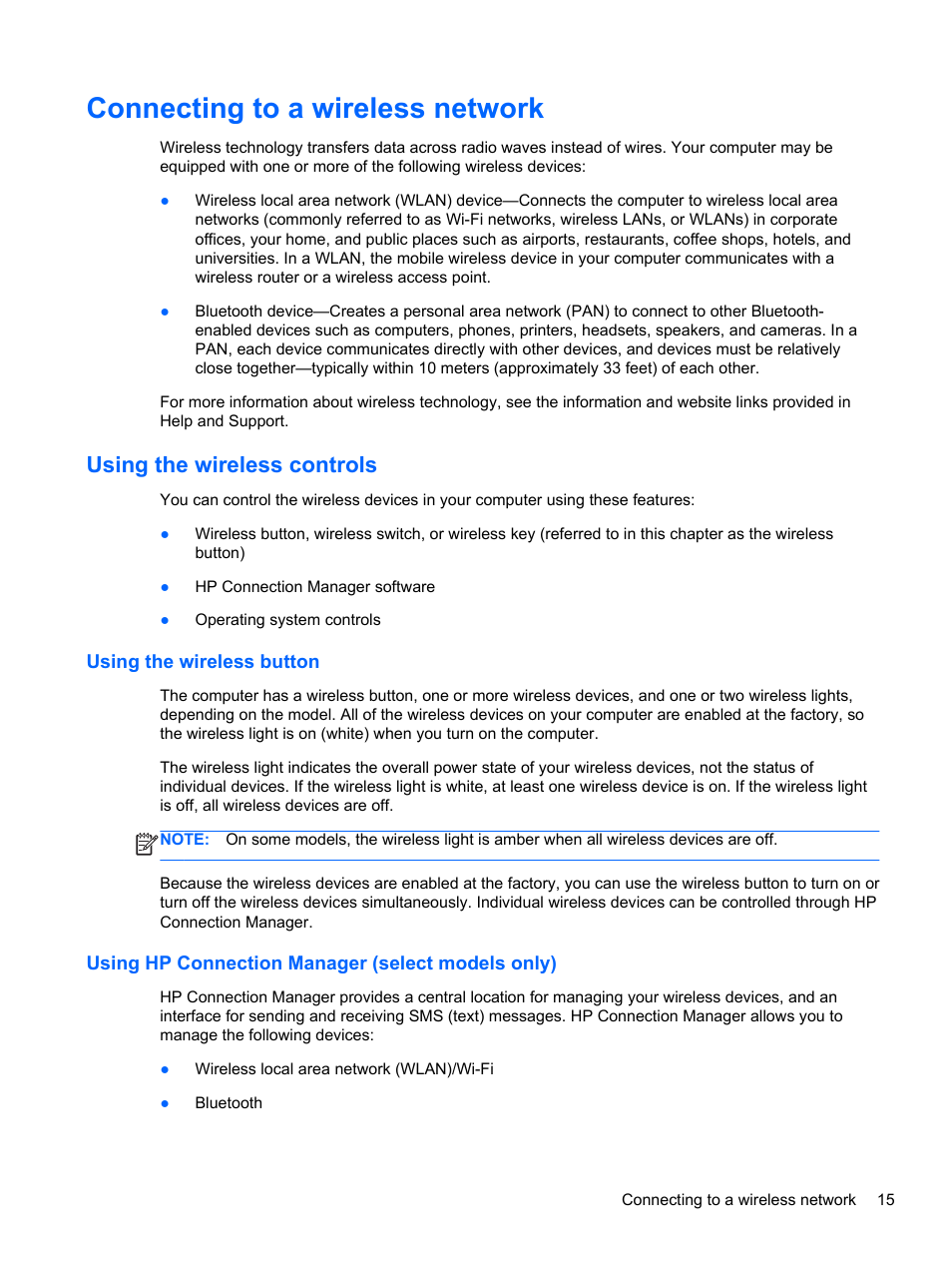 Connecting to a wireless network, Using the wireless controls, Using the wireless button | Using hp connection manager (select models only) | HP ENVY Sleekbook 6-1040ca User Manual | Page 25 / 88