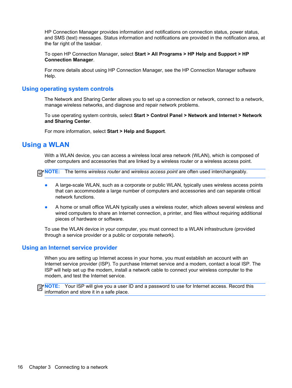 Using operating system controls, Using a wlan, Using an internet service provider | HP ENVY Sleekbook 6-1040ca User Manual | Page 26 / 88
