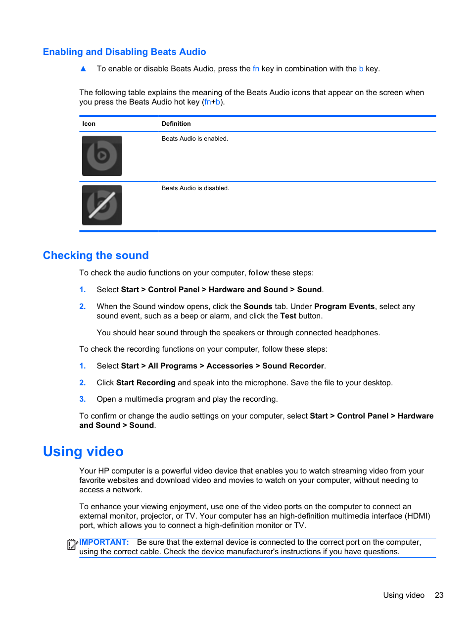 Enabling and disabling beats audio, Checking the sound, Using video | HP ENVY Sleekbook 6-1040ca User Manual | Page 33 / 88