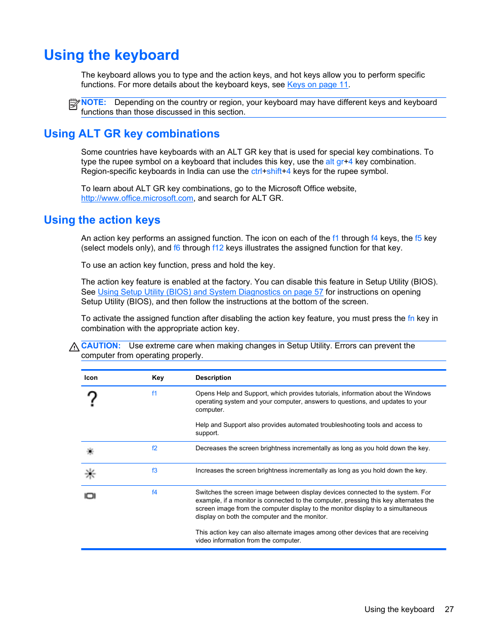 Using the keyboard, Using alt gr key combinations, Using the action keys | HP ENVY Sleekbook 6-1040ca User Manual | Page 37 / 88