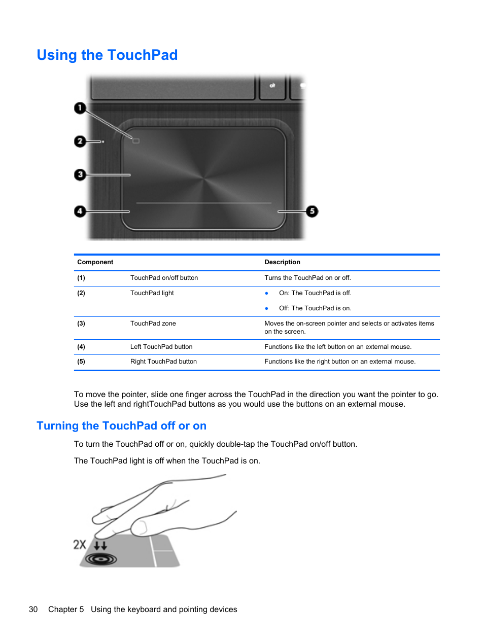 Using the touchpad, Turning the touchpad off or on | HP ENVY Sleekbook 6-1040ca User Manual | Page 40 / 88