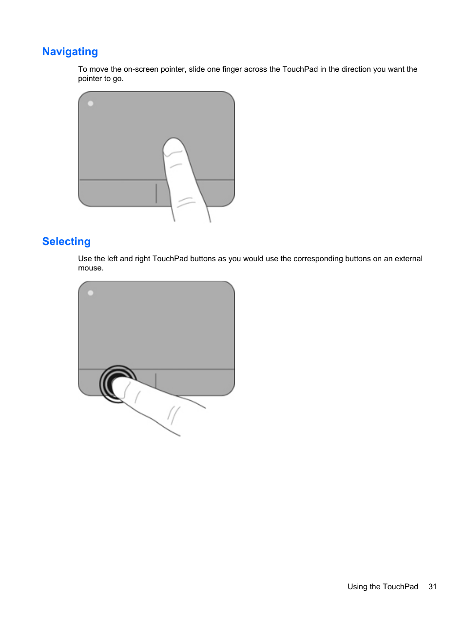Navigating, Selecting, Navigating selecting | HP ENVY Sleekbook 6-1040ca User Manual | Page 41 / 88