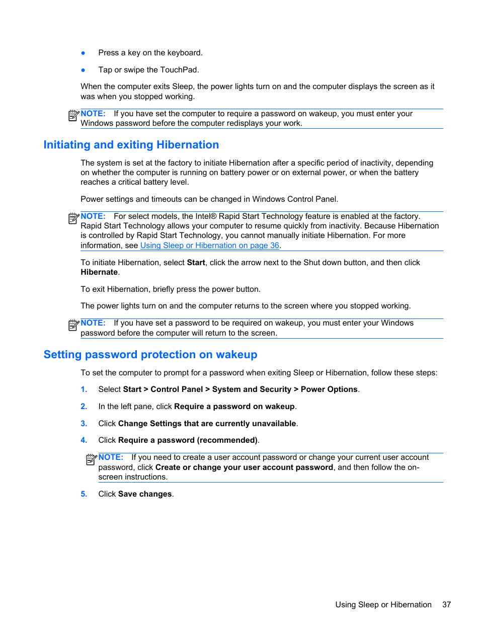 Initiating and exiting hibernation, Setting password protection on wakeup | HP ENVY Sleekbook 6-1040ca User Manual | Page 47 / 88