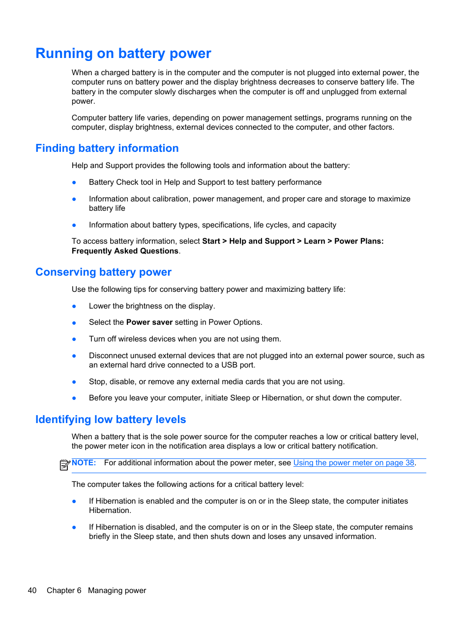 Running on battery power, Finding battery information, Conserving battery power | Identifying low battery levels | HP ENVY Sleekbook 6-1040ca User Manual | Page 50 / 88