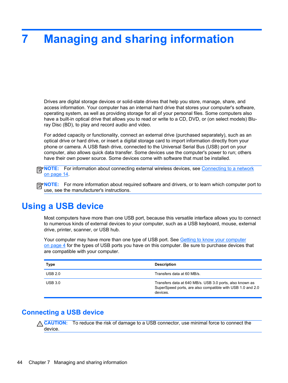 Managing and sharing information, Using a usb device, Connecting a usb device | 7 managing and sharing information, 7managing and sharing information | HP ENVY Sleekbook 6-1040ca User Manual | Page 54 / 88