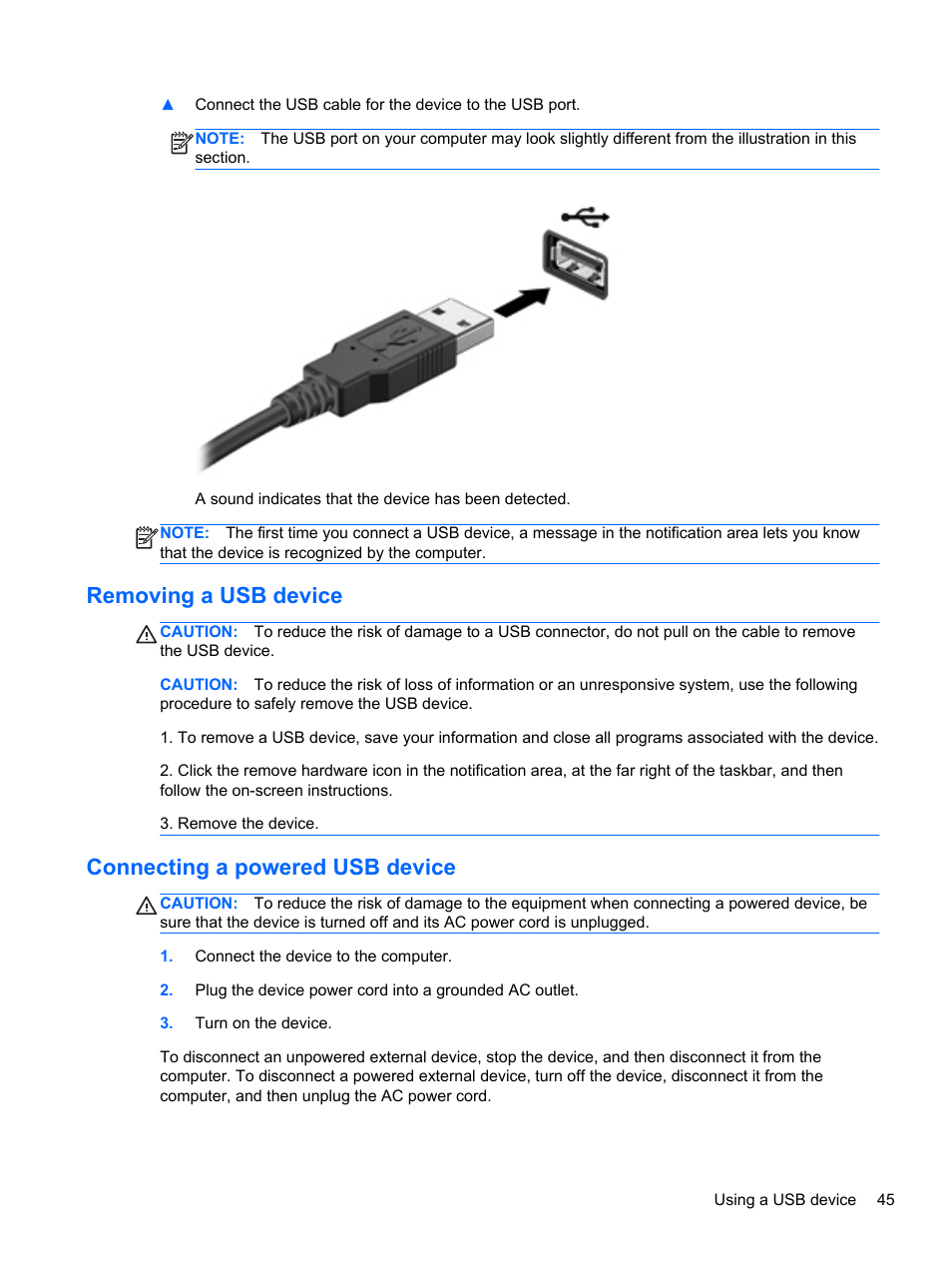 Removing a usb device, Connecting a powered usb device | HP ENVY Sleekbook 6-1040ca User Manual | Page 55 / 88